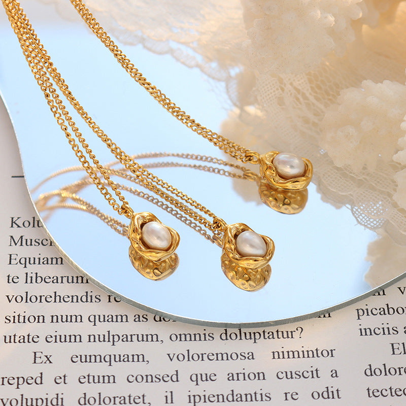 316L Stainless Steel Natural Freshwater Pearl Irregular Pendant Cuban Chain Necklace - Image 4