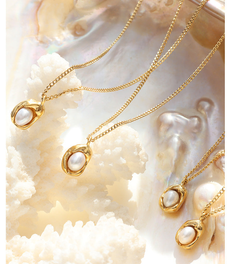 316L Stainless Steel Natural Freshwater Pearl Irregular Pendant Cuban Chain Necklace - Image 5