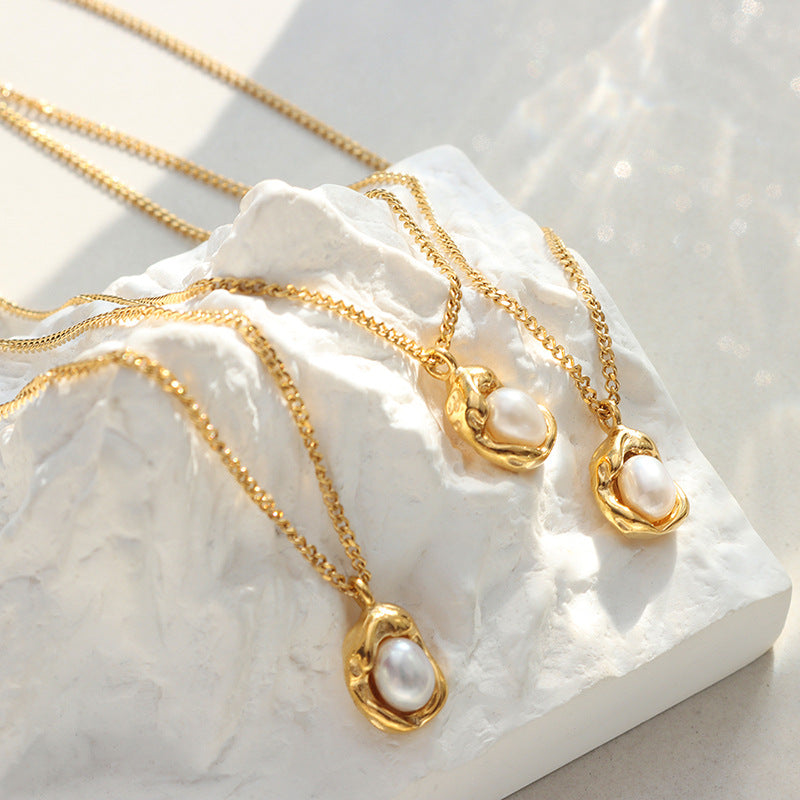 316L Stainless Steel Natural Freshwater Pearl Irregular Pendant Cuban Chain Necklace - Image 7