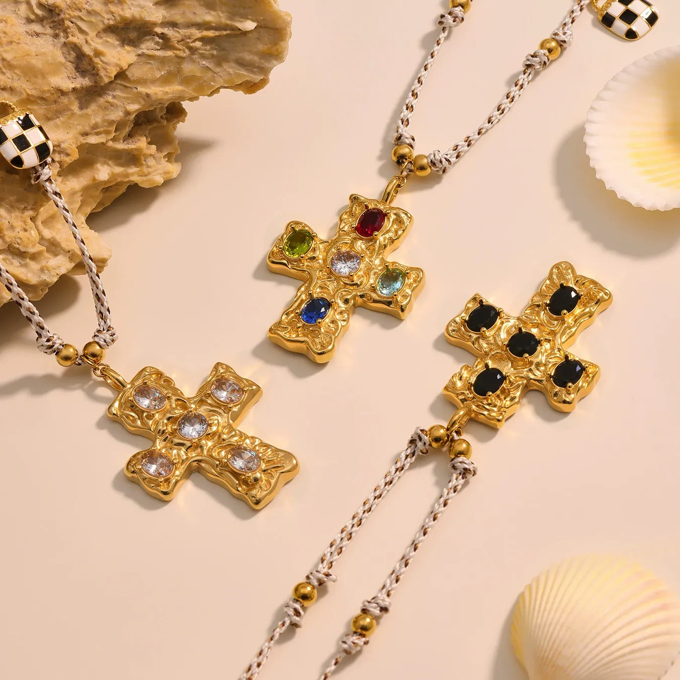 316L Stainless Steel Natural Freshwater Pearl Zircon Cross Long Necklace - Image 3