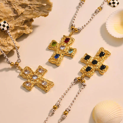 316L Stainless Steel Natural Freshwater Pearl Zircon Cross Long Necklace - Image 3