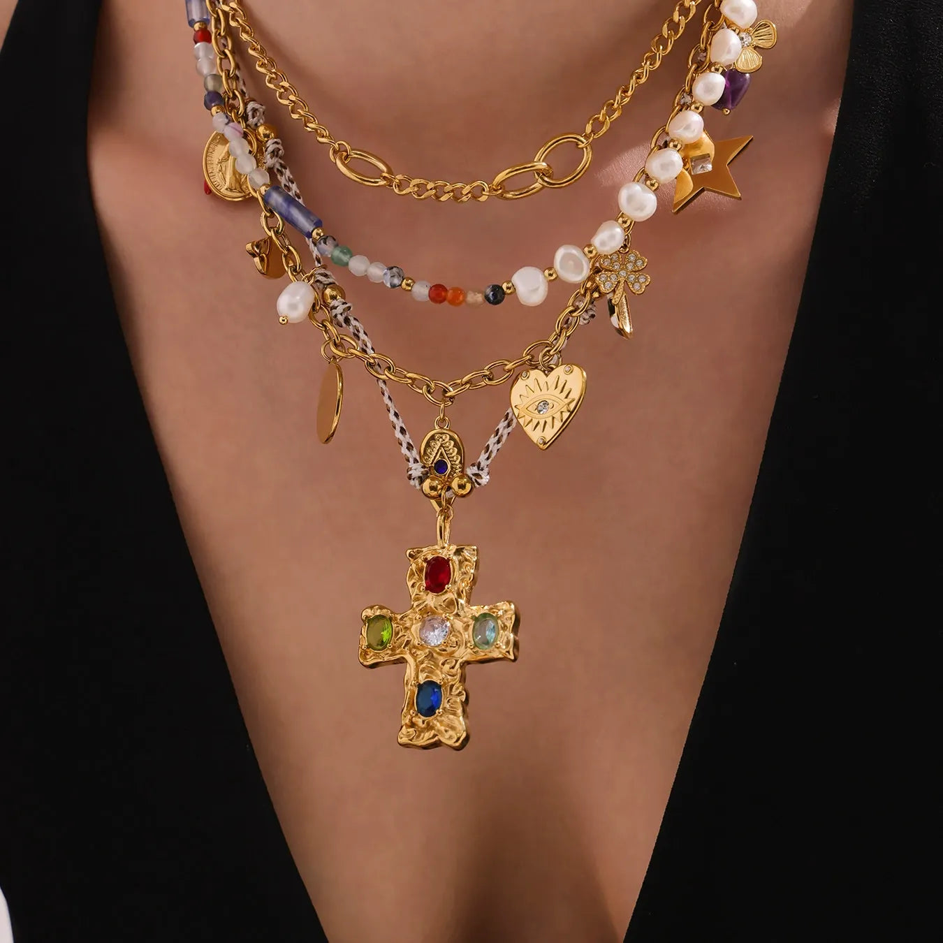 316L Stainless Steel Natural Freshwater Pearl Zircon Cross Long Necklace - Image 4