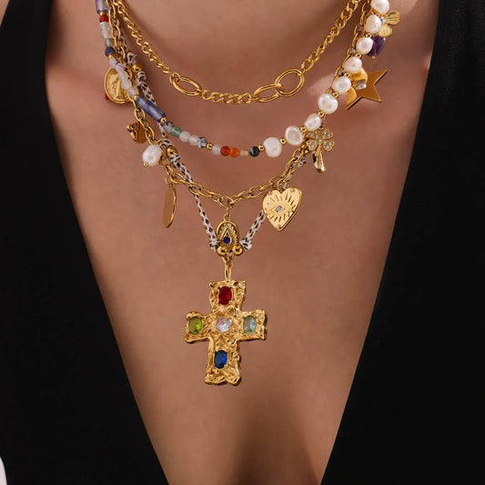 316L Stainless Steel Natural Freshwater Pearl Zircon Cross Long Necklace - Image 4