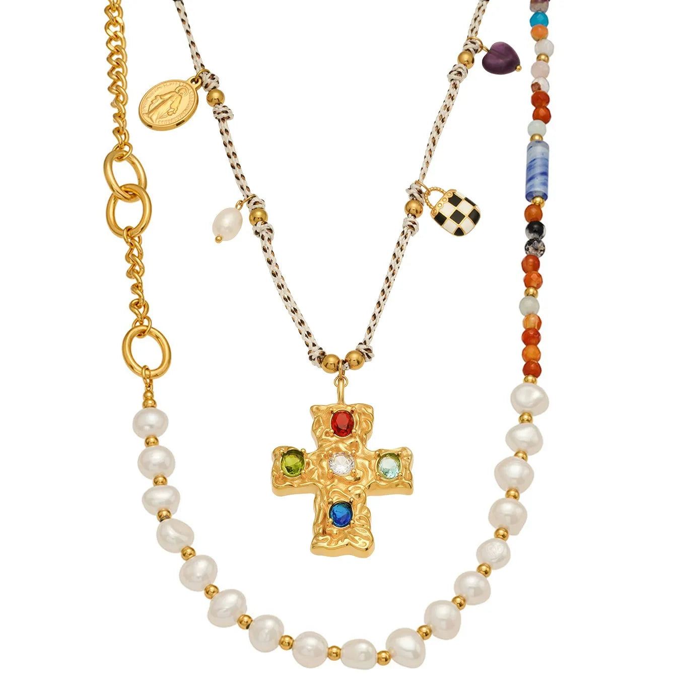 316L Stainless Steel Natural Freshwater Pearl Zircon Cross Long Necklace - Image 6