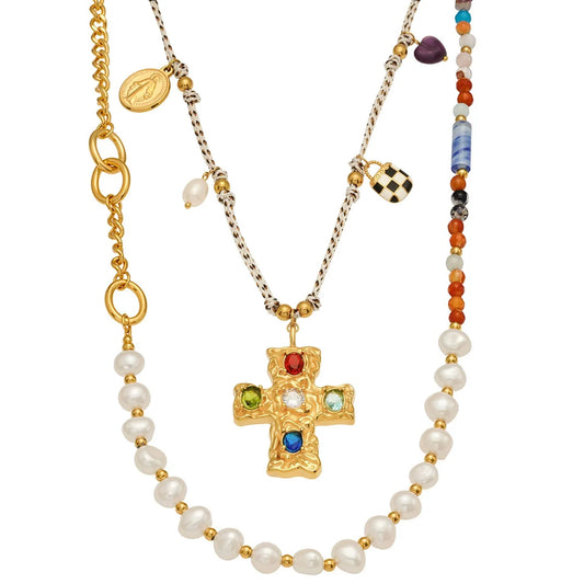 316L Stainless Steel Natural Freshwater Pearl Zircon Cross Long Necklace - Image 6