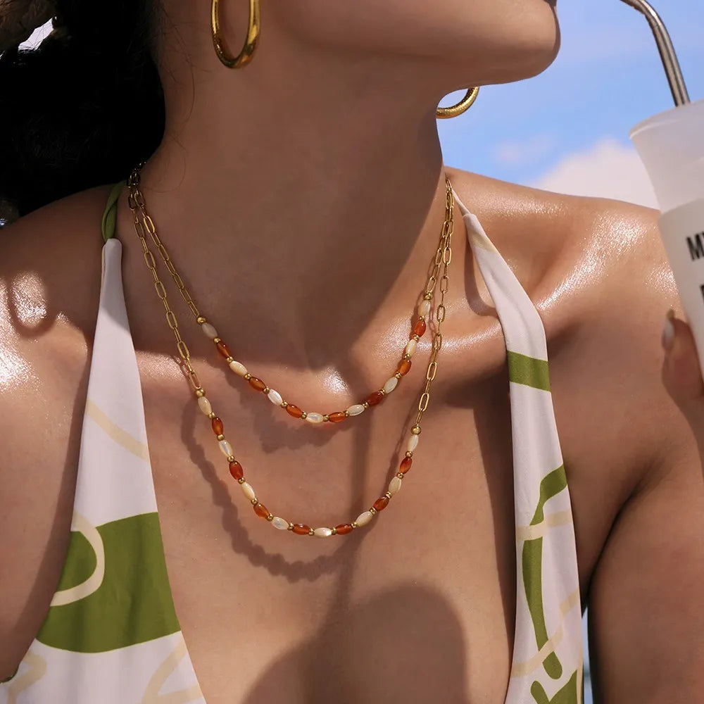 316L Stainless Steel Natural Oval Agate & Shell Bead Jewelry Set - Image 4