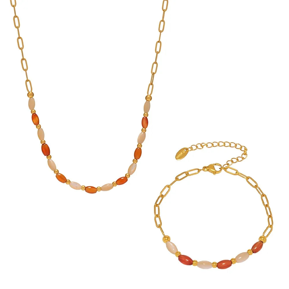 316L Stainless Steel Natural Oval Agate & Shell Bead Jewelry Set - Image 5