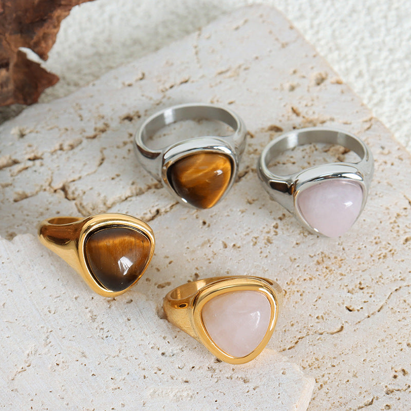316L Stainless Steel Natural Rose Quartz & Tiger Eye Stone Inlaid Vintage Elegant Couple's Ring - Image 3