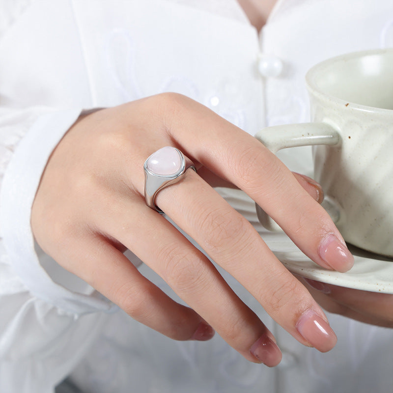 316L Stainless Steel Natural Rose Quartz & Tiger Eye Stone Inlaid Vintage Elegant Couple's Ring - Image 4