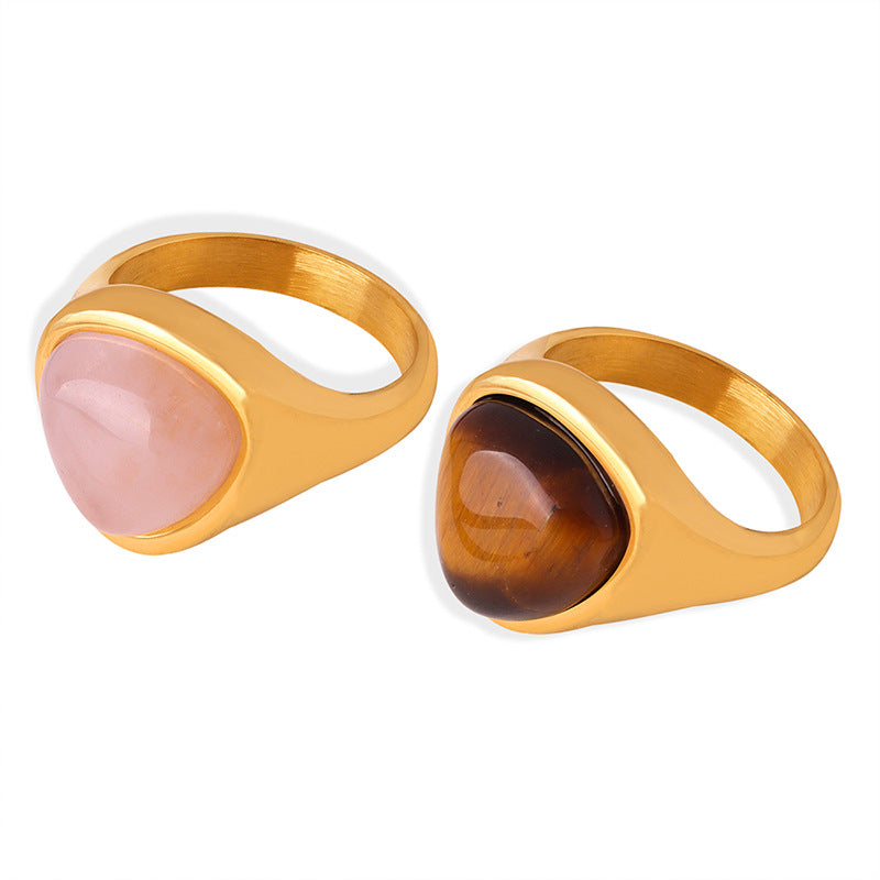 316L Stainless Steel Natural Rose Quartz & Tiger Eye Stone Inlaid Vintage Elegant Couple's Ring - Image 5