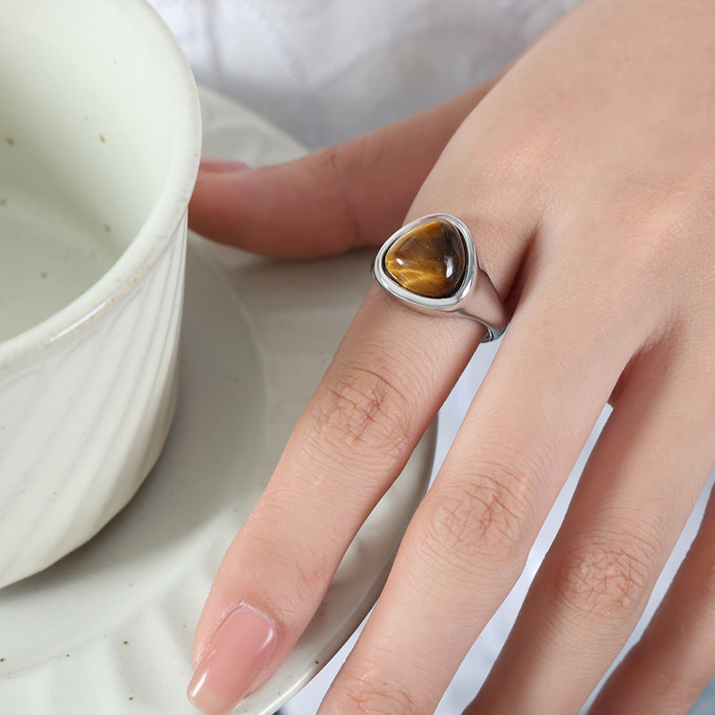 316L Stainless Steel Natural Rose Quartz & Tiger Eye Stone Inlaid Vintage Elegant Couple's Ring - Image 8