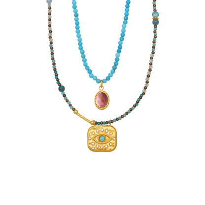 316L Stainless Steel Natural Turquoise Beaded Evil Eye Layering Necklace - Image 1