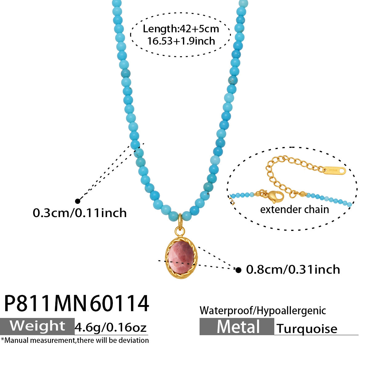 316L Stainless Steel Natural Turquoise Beaded Evil Eye Layering Necklace - Image 2