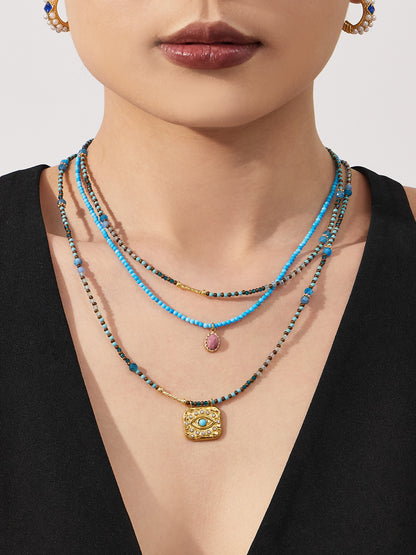 316L Stainless Steel Natural Turquoise Beaded Evil Eye Layering Necklace - Image 3