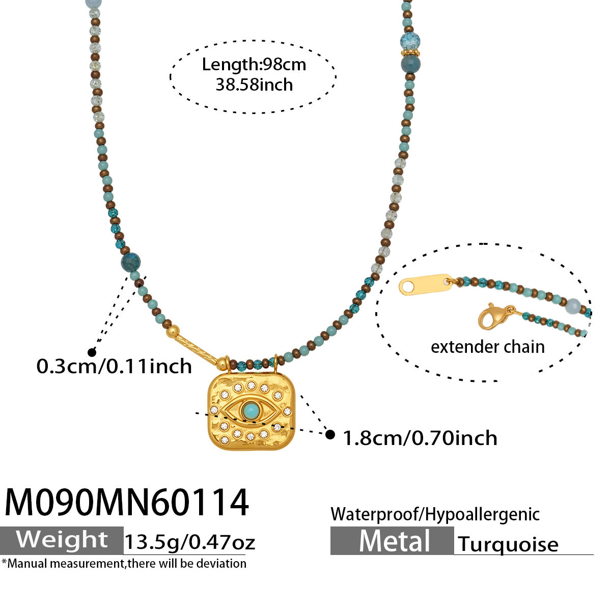 316L Stainless Steel Natural Turquoise Beaded Evil Eye Layering Necklace - Image 4