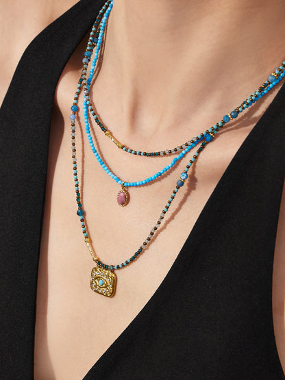 316L Stainless Steel Natural Turquoise Beaded Evil Eye Layering Necklace - Image 5