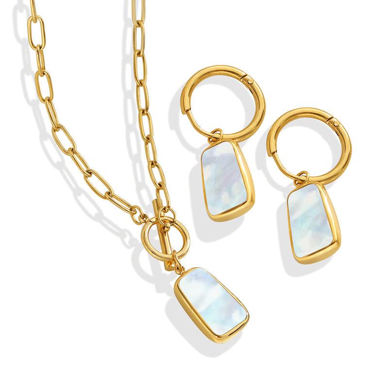316L Stainless Steel Natural White Seashell Toggle Clasp Long Tag Necklace & Earrings Set - Image 1