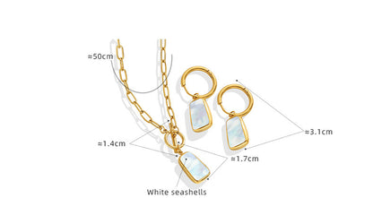 316L Stainless Steel Natural White Seashell Toggle Clasp Long Tag Necklace & Earrings Set - Image 2