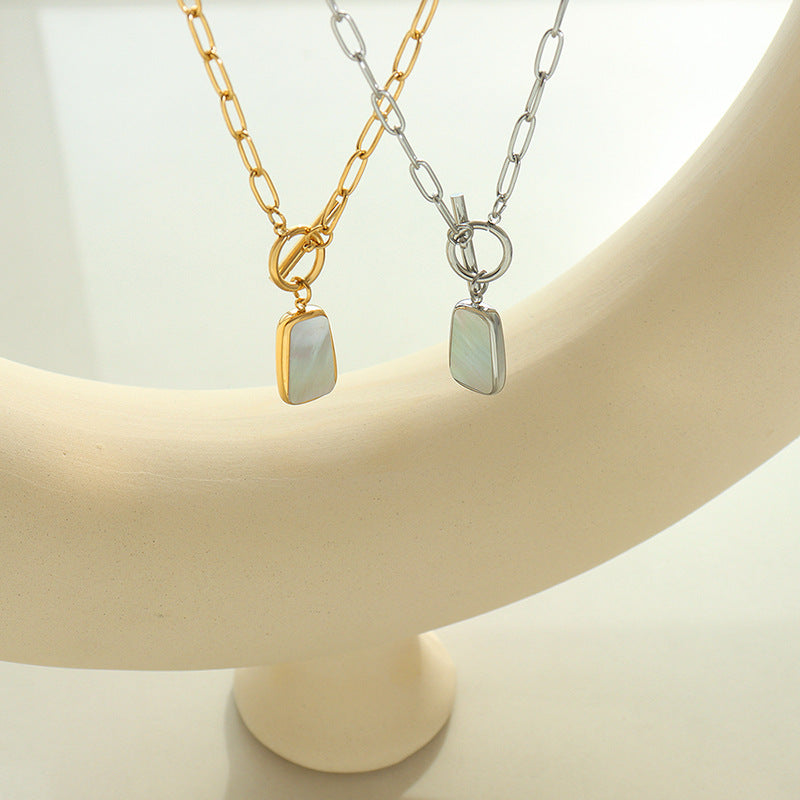 316L Stainless Steel Natural White Seashell Toggle Clasp Long Tag Necklace & Earrings Set - Image 3