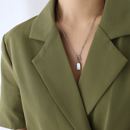 316L Stainless Steel Natural White Seashell Toggle Clasp Long Tag Necklace & Earrings Set - Image 4