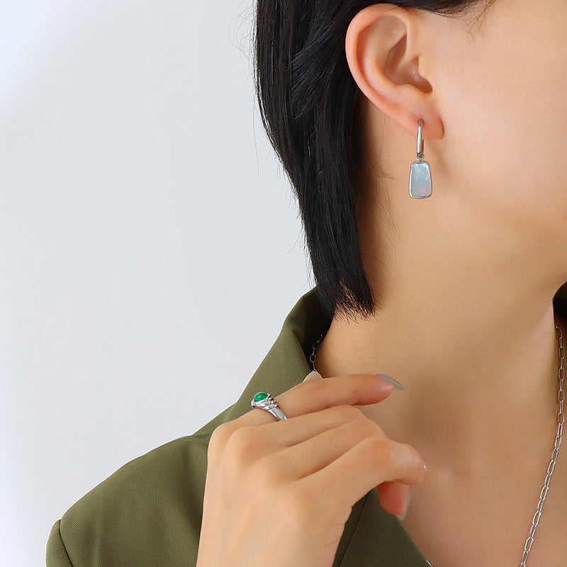 316L Stainless Steel Natural White Seashell Toggle Clasp Long Tag Necklace & Earrings Set - Image 7