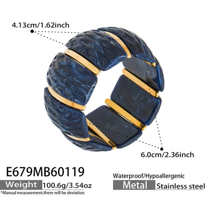 Navy textured resin wide stretch bracelet with stainless steel waterproof structure and size