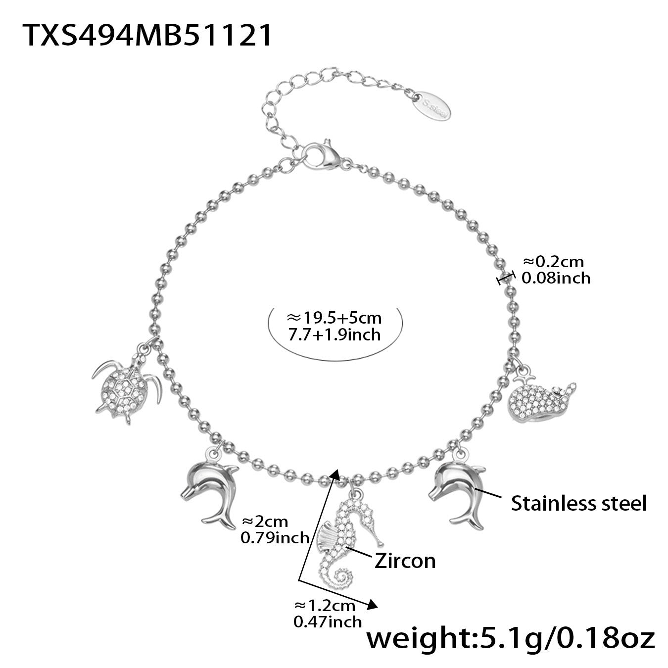 316L stainless steel ocean charm bead chain bracelet in silver with dolphin turtle and zircon seahorse charms
