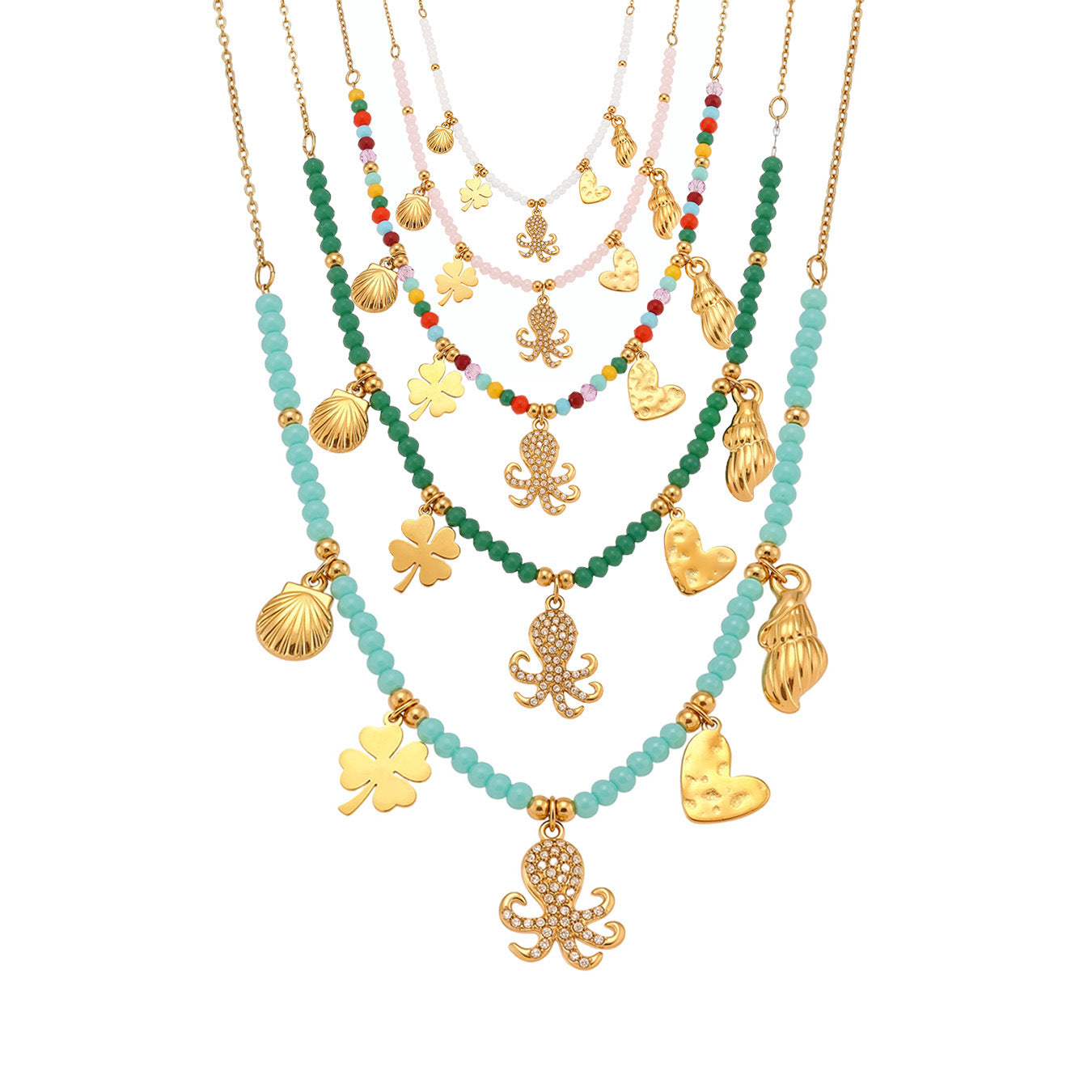 316L Stainless Steel Ocean-Inspired Octopus & Heart Pendant Natural Crystal Beaded Necklace - Image 2