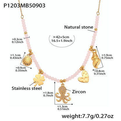 316L Stainless Steel Ocean-Inspired Octopus & Heart Pendant Natural Crystal Beaded Necklace - Image 3