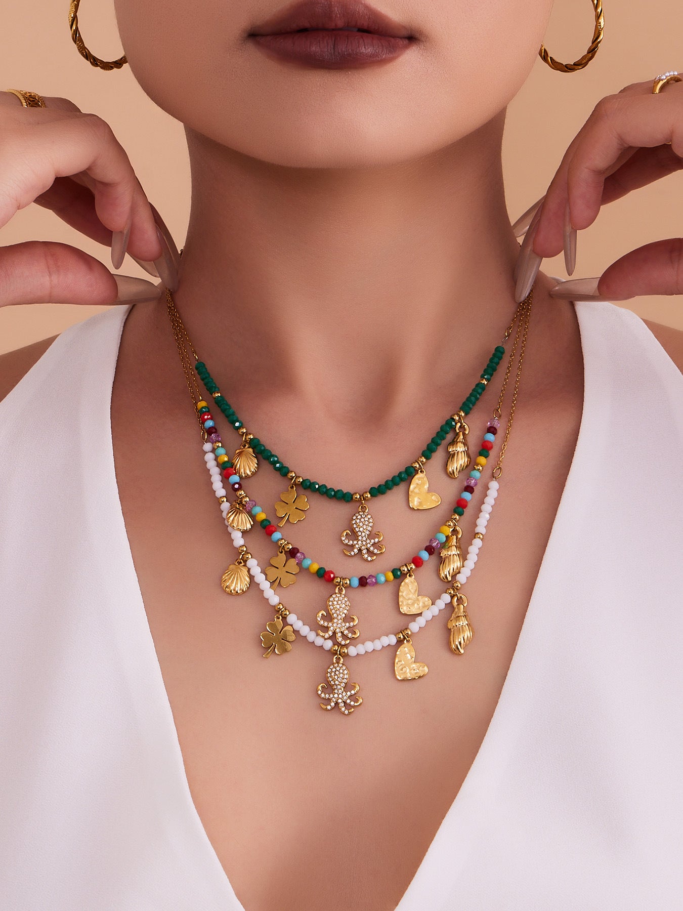 316L Stainless Steel Ocean-Inspired Octopus & Heart Pendant Natural Crystal Beaded Necklace - Image 4