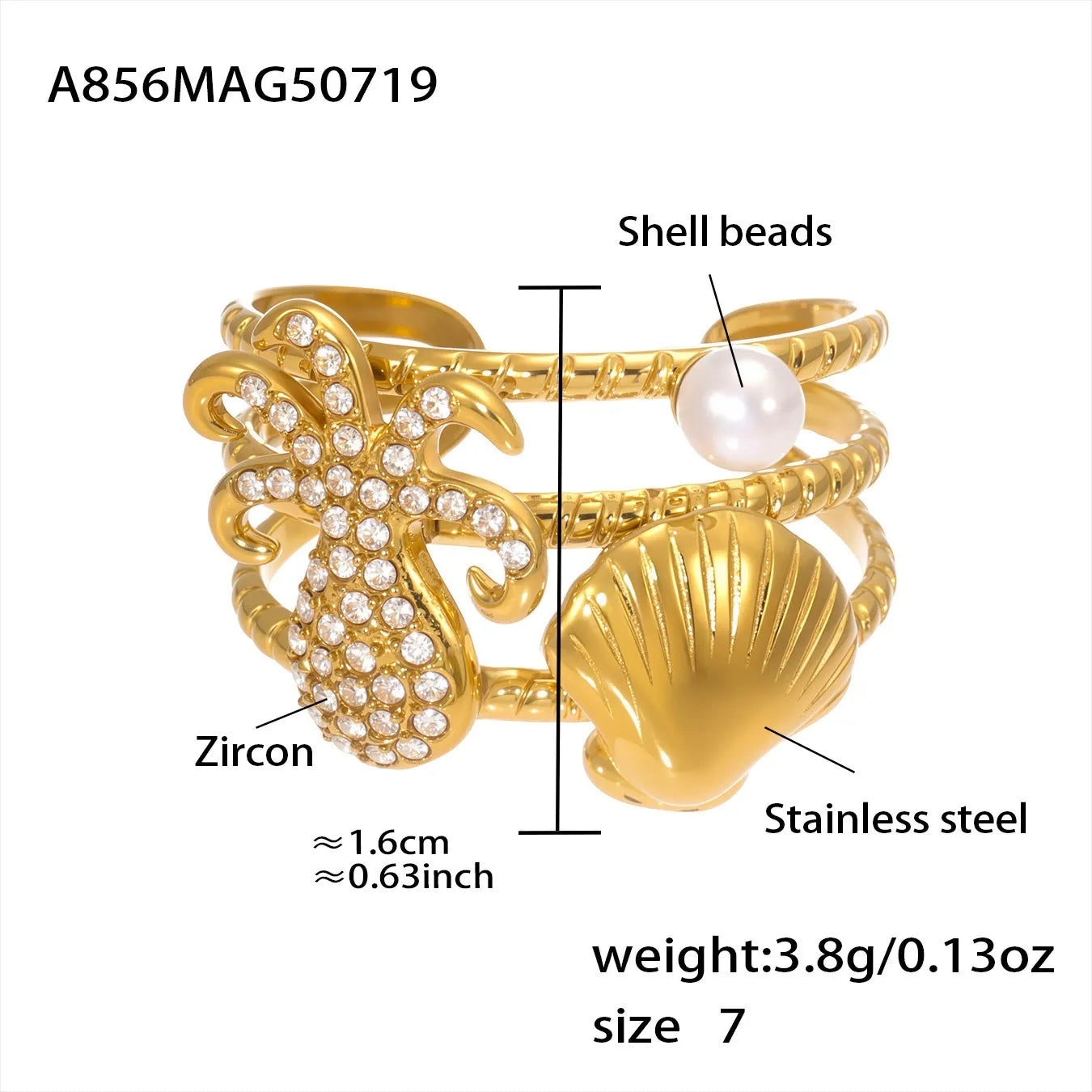 316L Stainless Steel Ocean-Inspired Zircon Starfish Octopus Open Ring - Image 10