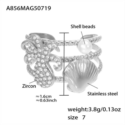 316L Stainless Steel Ocean-Inspired Zircon Starfish Octopus Open Ring - Image 11