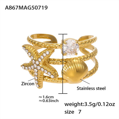 316L Stainless Steel Ocean-Inspired Zircon Starfish Octopus Open Ring - Image 12
