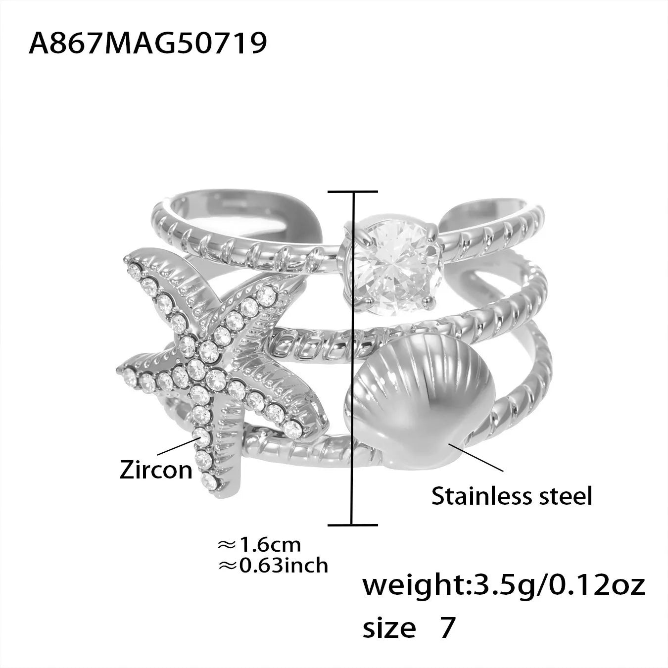 316L Stainless Steel Ocean-Inspired Zircon Starfish Octopus Open Ring - Image 13