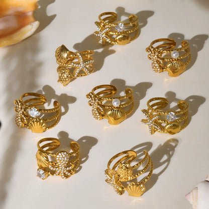 316L Stainless Steel Ocean-Inspired Zircon Starfish Octopus Open Ring - Image 2