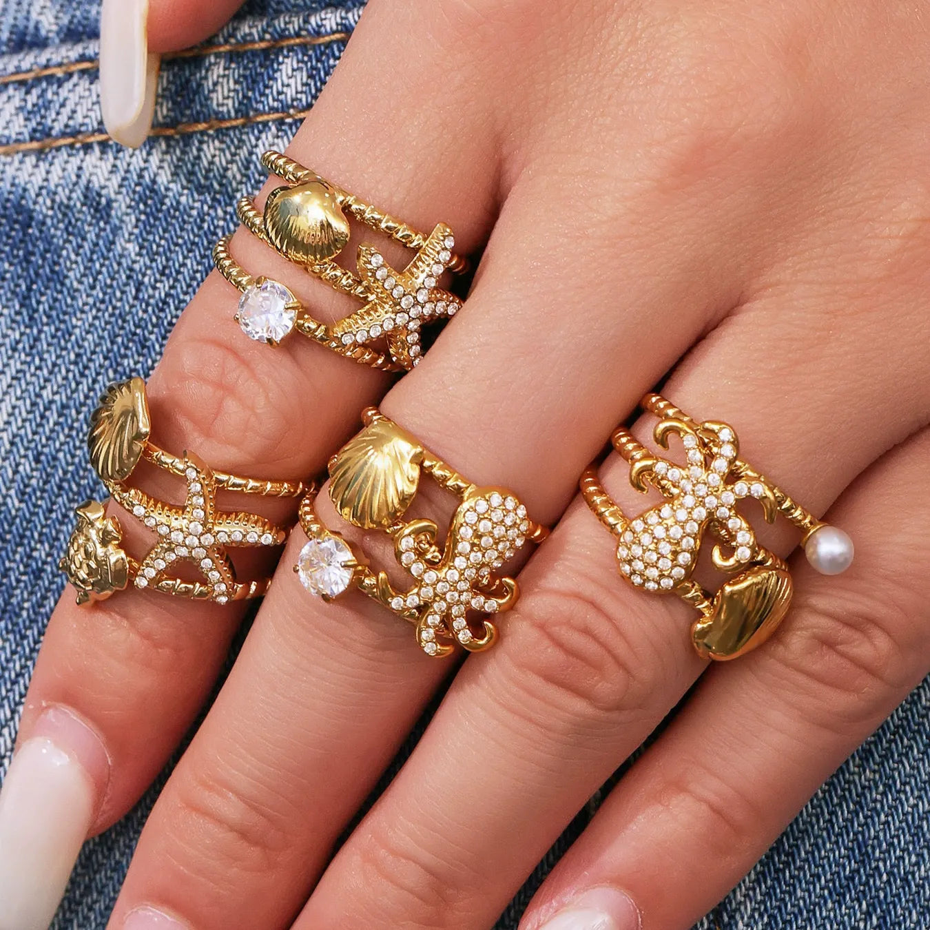 316L Stainless Steel Ocean-Inspired Zircon Starfish Octopus Open Ring - Image 3