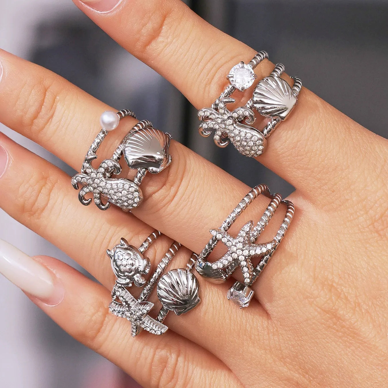 316L Stainless Steel Ocean-Inspired Zircon Starfish Octopus Open Ring - Image 4