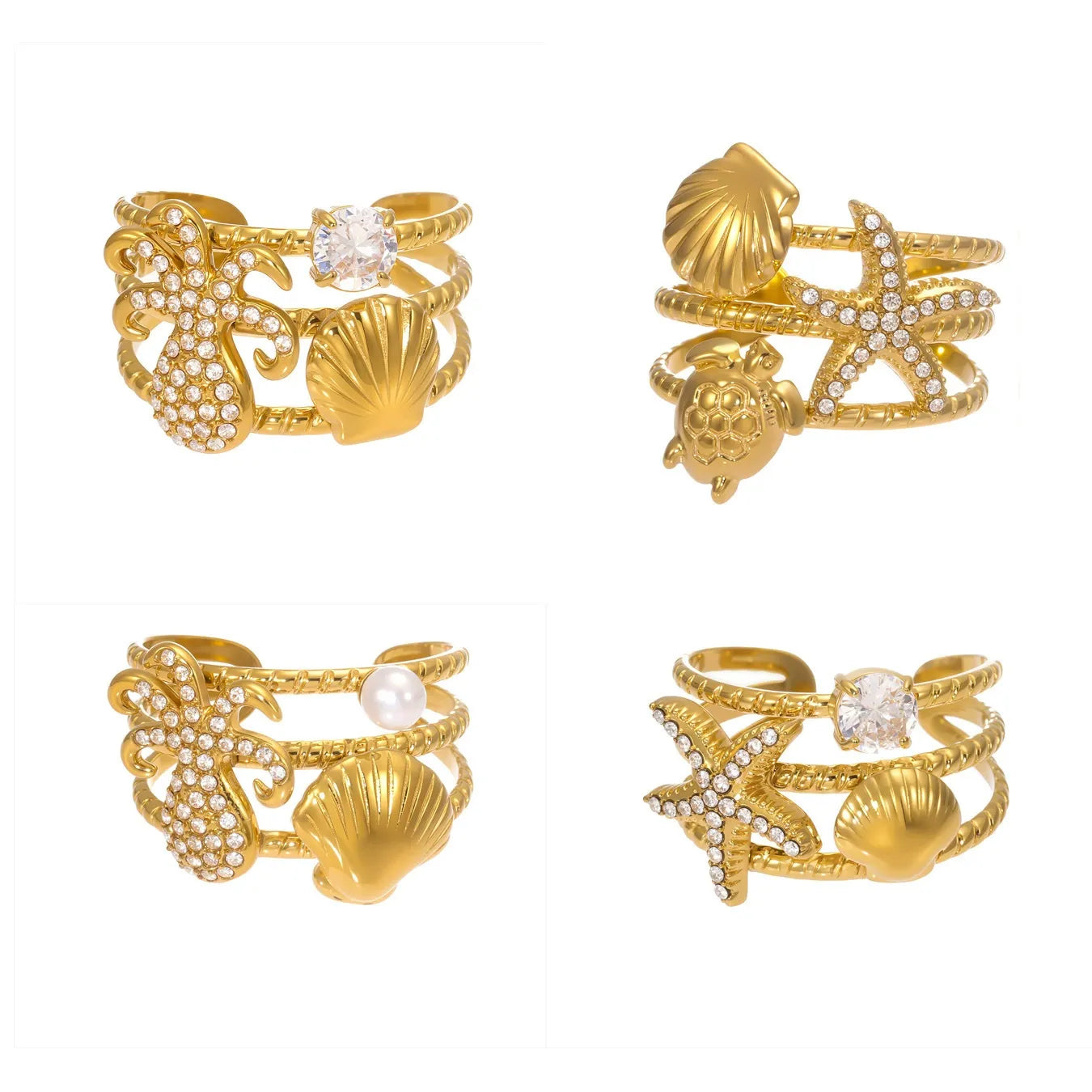 316L Stainless Steel Ocean-Inspired Zircon Starfish Octopus Open Ring - Image 5