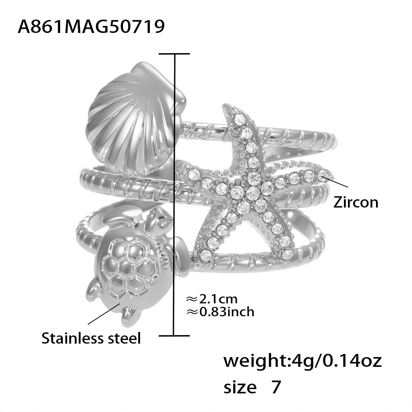 316L Stainless Steel Ocean-Inspired Zircon Starfish Octopus Open Ring - Image 7