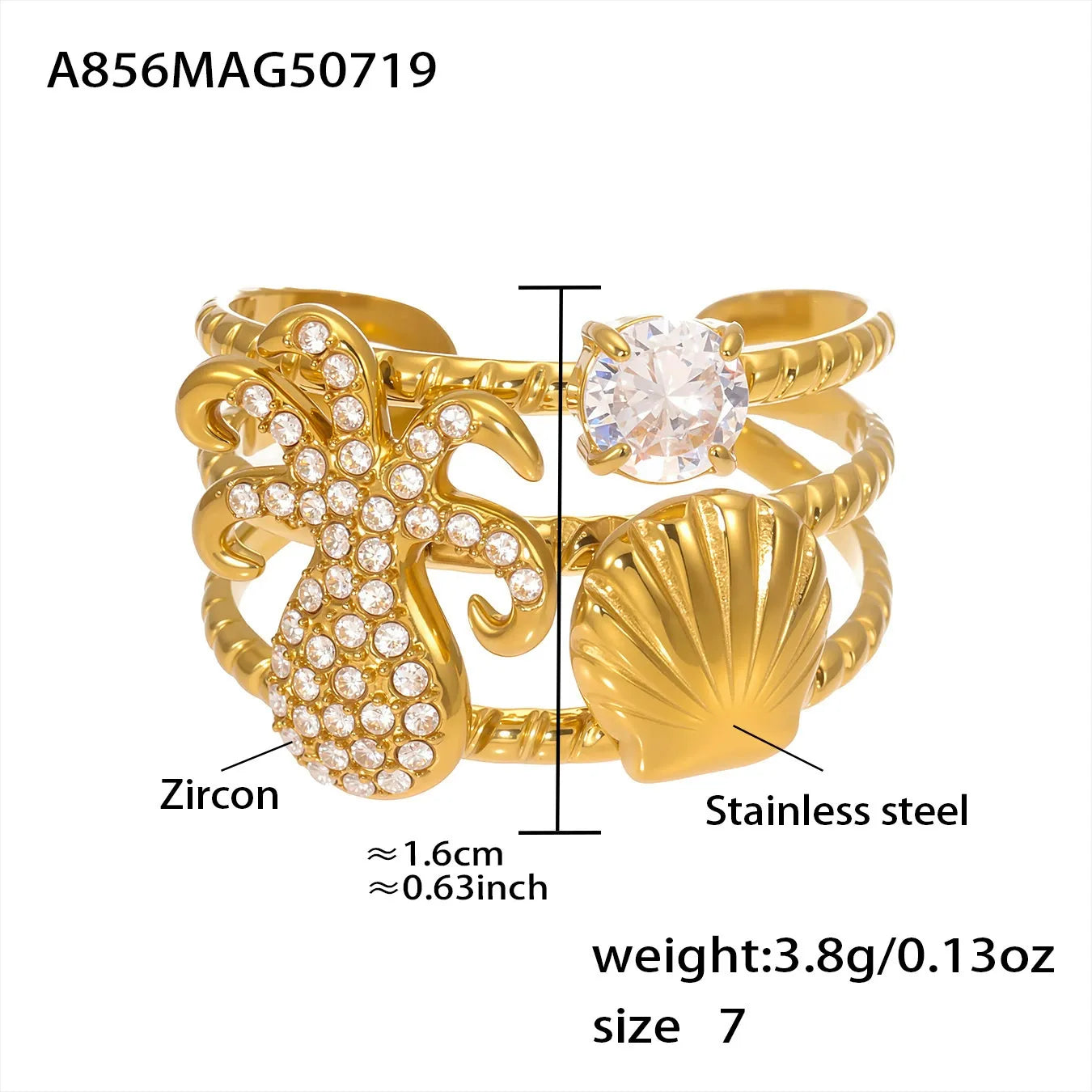 316L Stainless Steel Ocean-Inspired Zircon Starfish Octopus Open Ring - Image 8