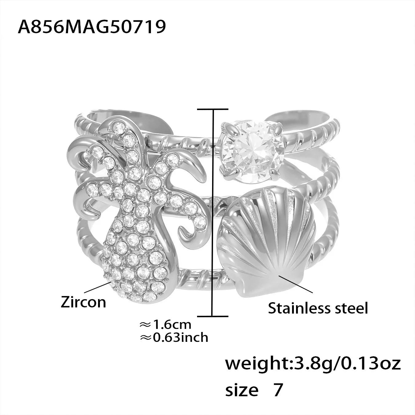 316L Stainless Steel Ocean-Inspired Zircon Starfish Octopus Open Ring - Image 9