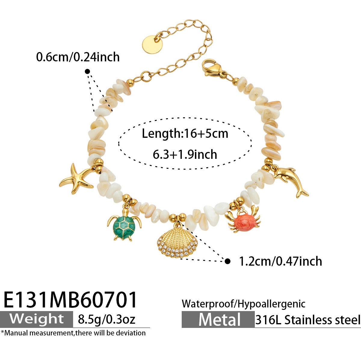 316L Stainless Steel 18K PVD Gold Ocean Shell Starfish Turtle Pendant Bracelet made with 316L stainless steel and 18K PVD gold finish for wholesale jewelry buyers - image 6