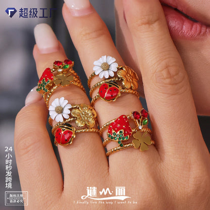 316L Stainless Steel Openwork Wide Adjustable Enamel Zircon Daisy Ladybug Ring - Image 1