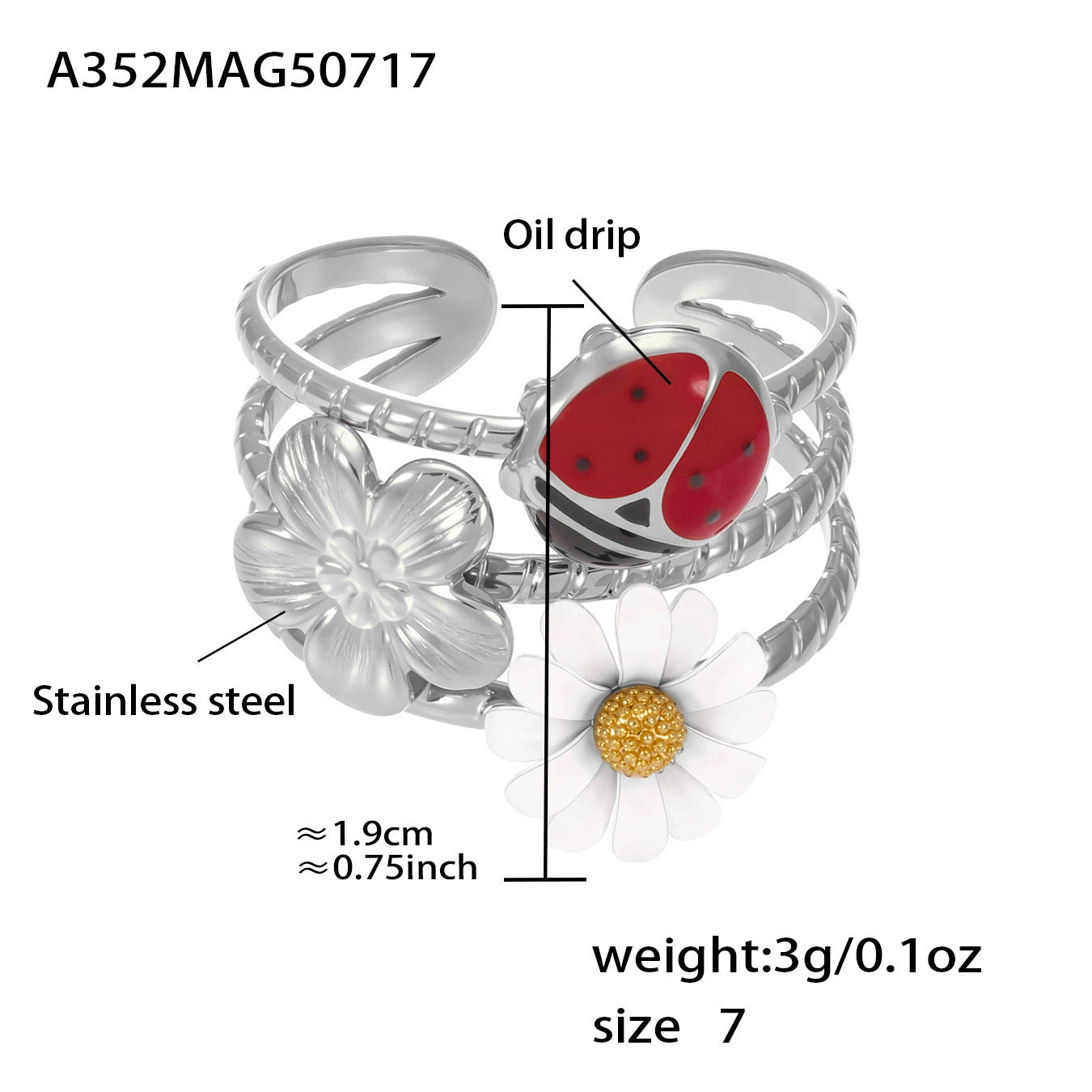 316L Stainless Steel Openwork Wide Adjustable Enamel Zircon Daisy Ladybug Ring - Image 2