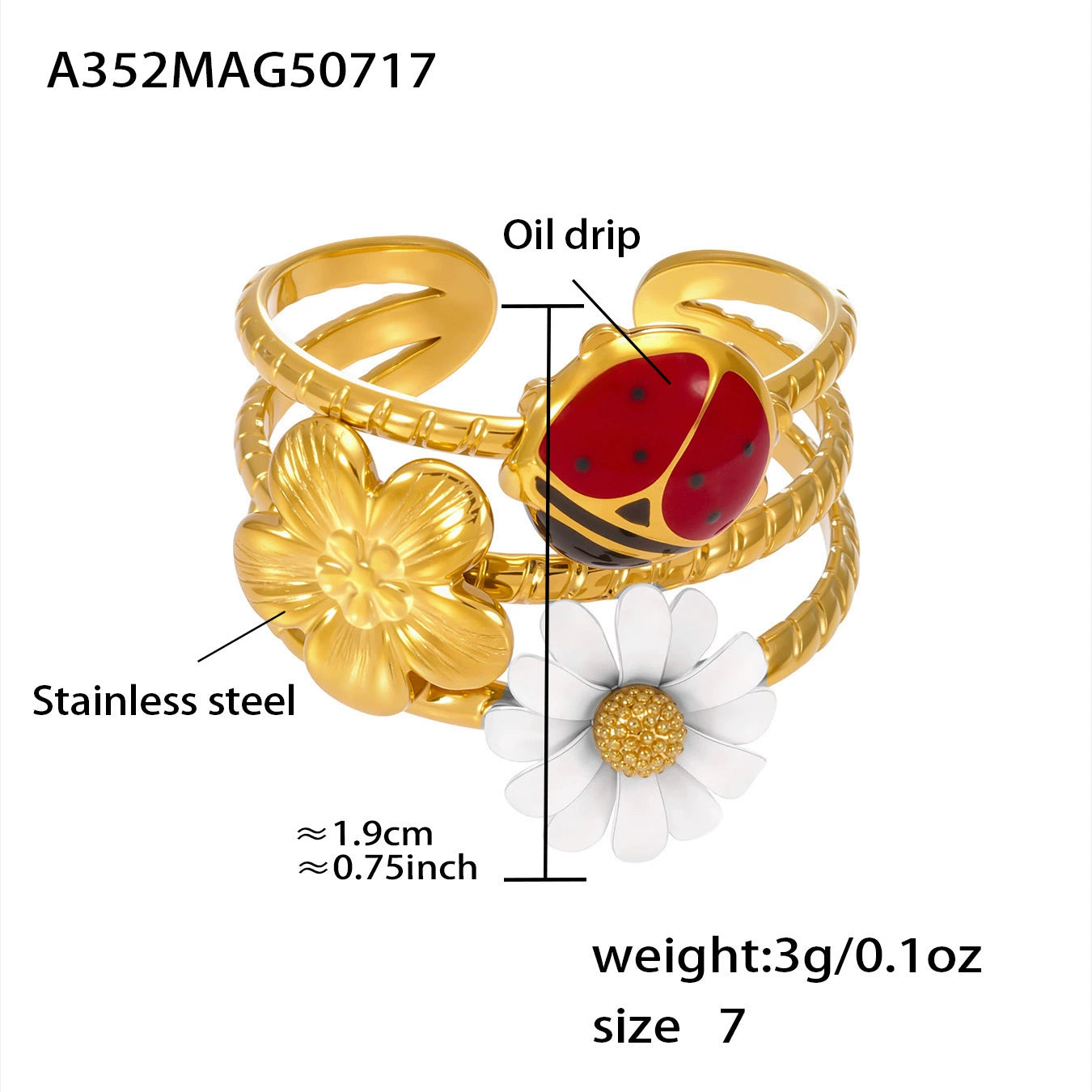 316L Stainless Steel Openwork Wide Adjustable Enamel Zircon Daisy Ladybug Ring - Image 3