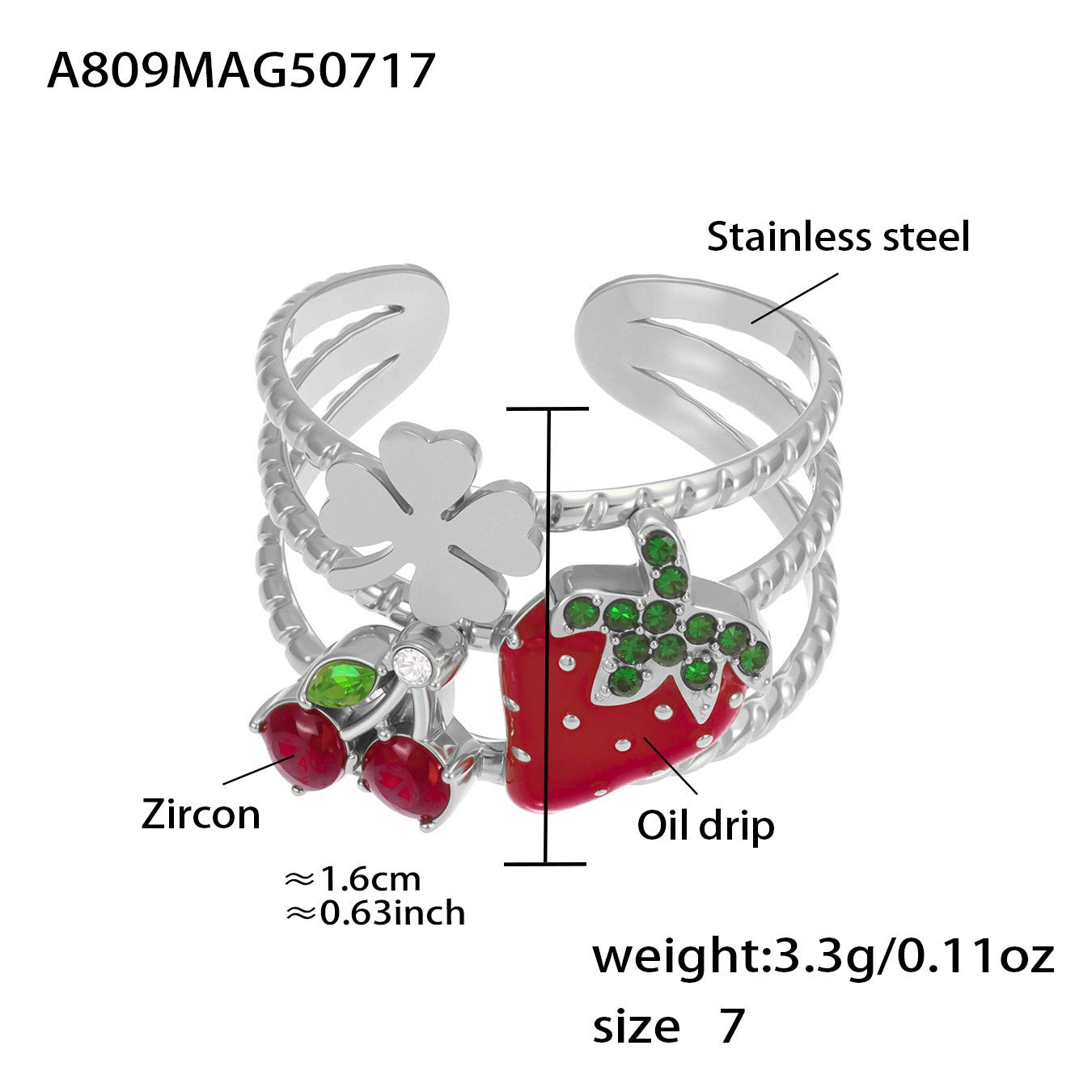 316L Stainless Steel Openwork Wide Adjustable Enamel Zircon Daisy Ladybug Ring - Image 5