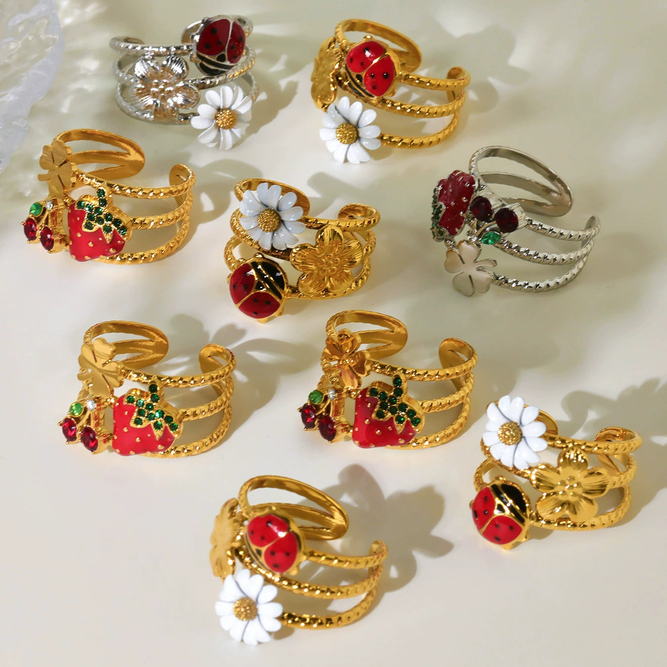 316L Stainless Steel Openwork Wide Adjustable Enamel Zircon Daisy Ladybug Ring - Image 6