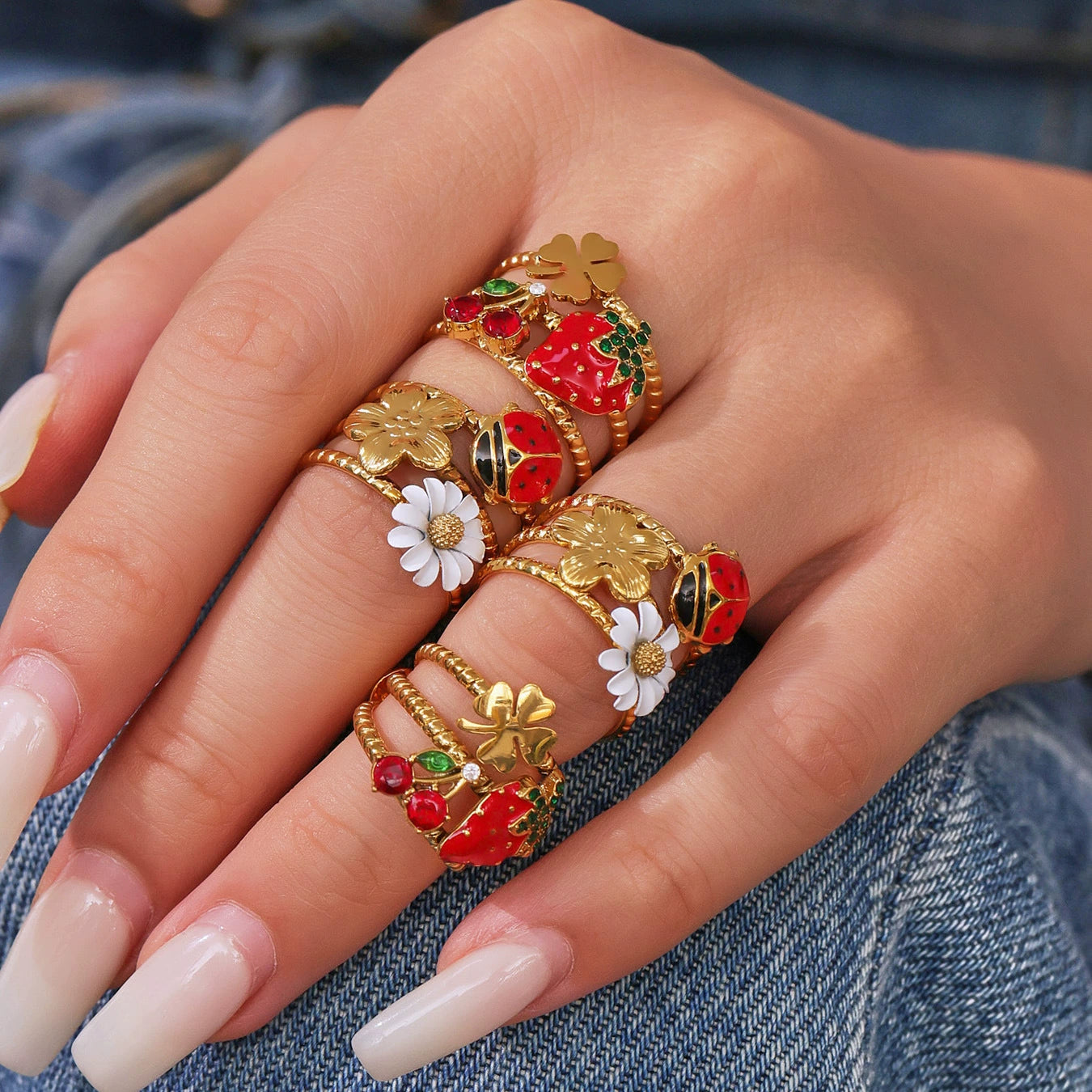 316L Stainless Steel Openwork Wide Adjustable Enamel Zircon Daisy Ladybug Ring - Image 7