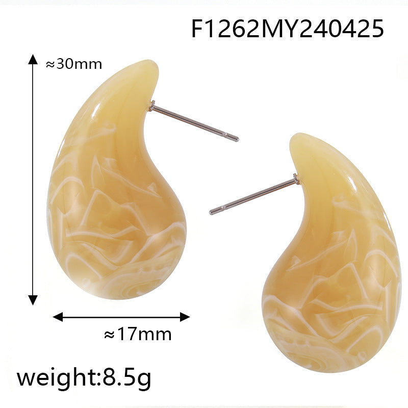 Orange yellow resin teardrop stud earrings with 316L stainless steel posts, lightweight waterproof colorful fashion earrings
