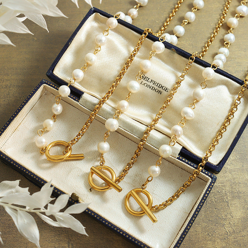316L Stainless Steel Freshwater Pearl OT Clasp Necklace & Bracelet Set